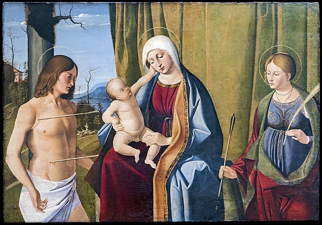 马可·巴赛提（Marco Basaiti）-圣塞巴斯蒂安和圣厄休拉之间的维尔京和儿童油画