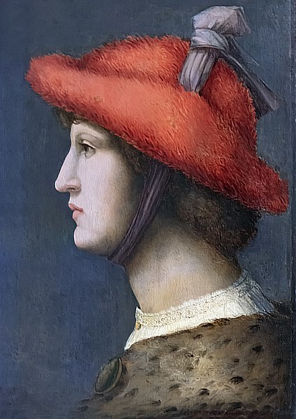 朗切斯科·巴基亚卡（Francesco Bacchiacca）-戴着红色皮草帽子的考蒂油画