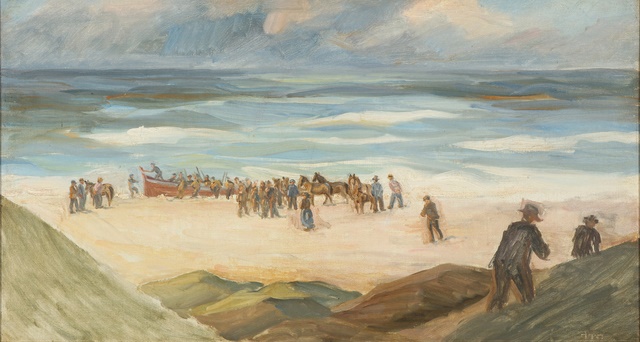 约翰内斯·威廉耶姆（Johannes Wilhjelm）-救生艇驶出后的海滩风光油画