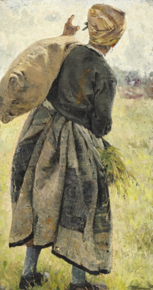 伯莎·韦格曼（Bertha Wegmann）-一名带土豆麻袋的女人油画