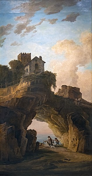 休伯特·罗伯特（Hubert Robert）-在山洞下的牧羊人油画