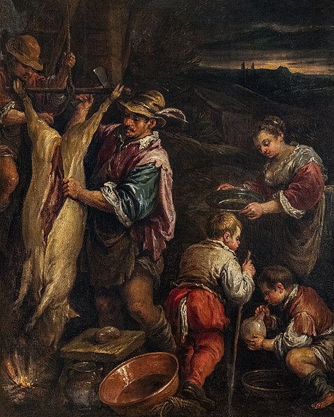 弗朗切斯科·巴萨诺（Francesco Bassano the Younger）-农民给猪去皮 油画