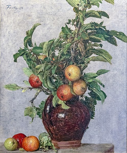 亨利·范汀·拉图尔（Henri Fantin-Latour）-花瓶与苹果和树叶.油画