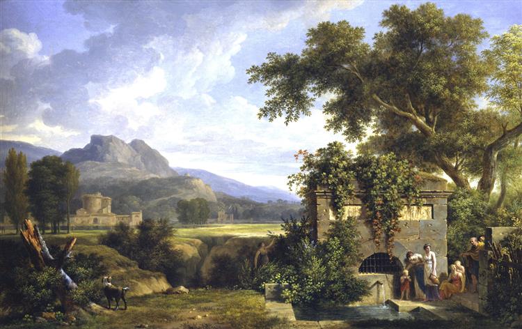 皮埃尔-亨利·德·瓦朗谢讷（Pierre-Henri de Valenciennes）-用喷泉喝水的古典风景油画