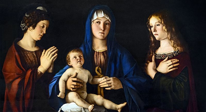 乔凡尼·贝里尼（Giovanni Bellini）-麦当娜和圣徒凯瑟琳与玛丽·抹大拉之间的孩子油画