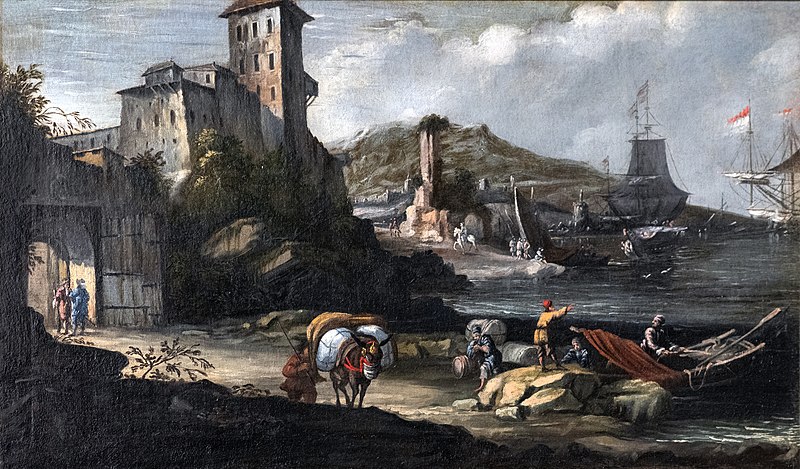 约翰·安东·埃斯曼（Johann Anton Eismann）-与游艇码头风景油画