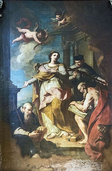 桑蒂·阿波斯托利（Santi Apostoli）-亚历山大的圣凯瑟琳，圣安东尼·阿伯特，圣杰罗姆和内波穆克的圣约翰油画