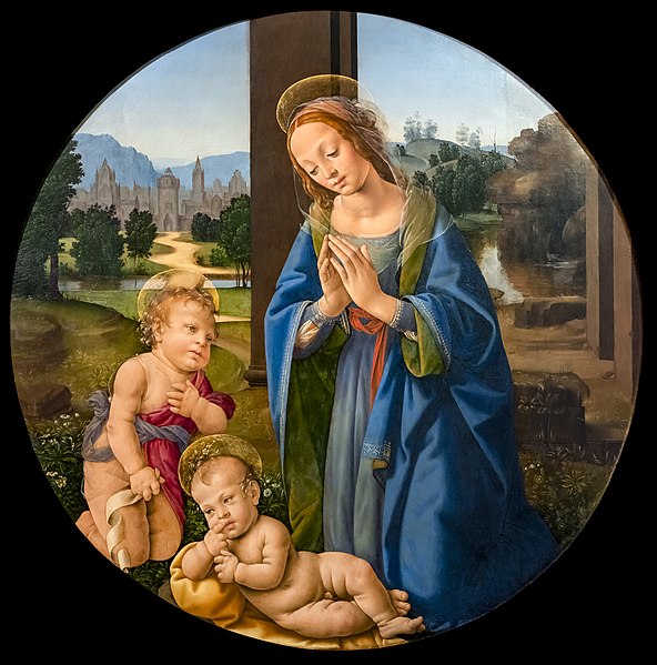 洛伦佐·迪·克雷迪（Lorenzo di Credi）-圣母和施洗者圣约翰崇拜儿童.油画
