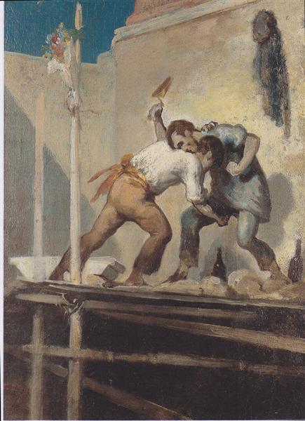 诺妮·多米埃（ Honore Daumier）-打斗砖工 油画高清