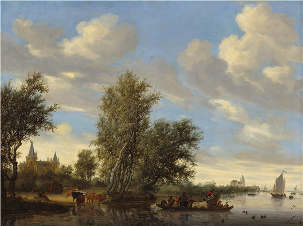 萨洛蒙·凡·雷斯达尔(Salomon van Ruysdael)-渡河景观,1649年