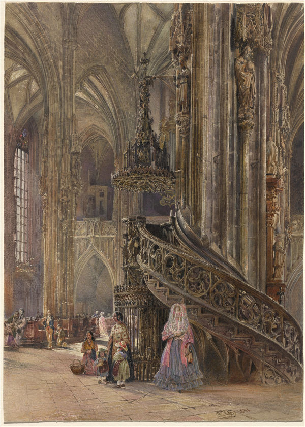 鲁道夫·冯·阿尔特（Rudolf von Alt）-维也纳圣史蒂芬大教堂的内部 奥地利油画