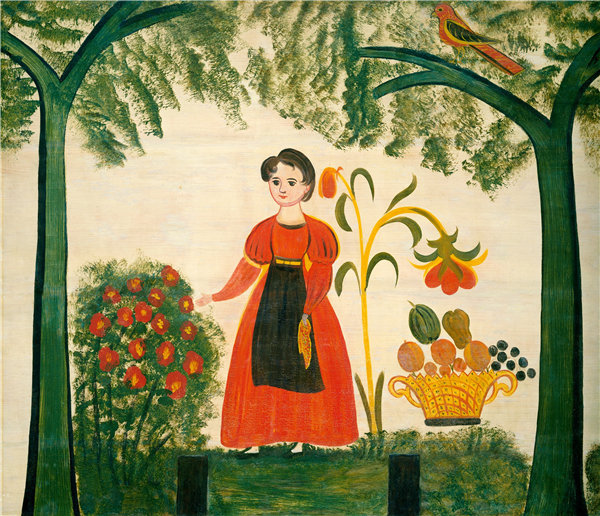美国19世纪- 红色与鲜花和Distelfink的女孩 油画高清下载