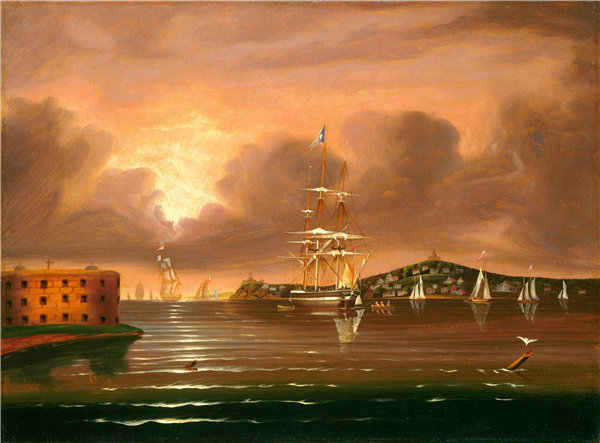 托马斯·钱伯斯（Thomas Chambers）-威胁的天空，纽约湾油画