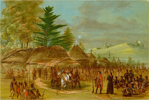 乔治·卡特琳（George Catlin）-Taensa印第安人的负责人接受La Salle.油画