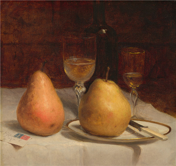 桑福德·罗宾逊·吉福德（Sanford Robinson Gifford）-桌上的两个梨 1866年油画