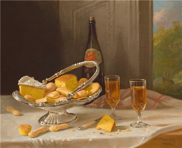 约翰·弗朗西斯（John F. Francis）-静物与银蛋糕篮 1866年油画