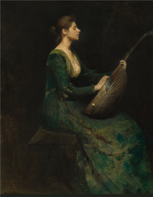 托马斯·威尔默·杜因（Thomas Wilmer Dewing）-琵琶夫人 1886年.油画