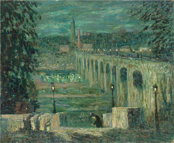 欧内斯特·劳森（Ernest Lawson）-晚上，纽约市的高桥油画