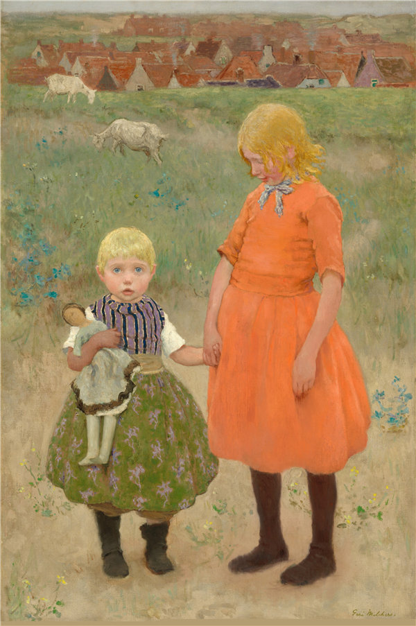 加里·梅尔彻斯（Gari Melchers）-姐妹 1895年油画高清下载
