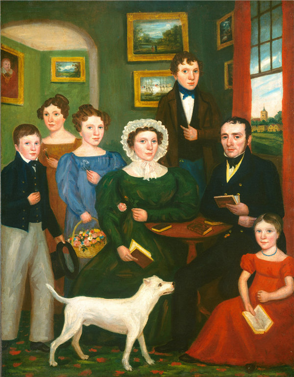 英国19世纪-小猎犬的未知的家庭的肖像油画