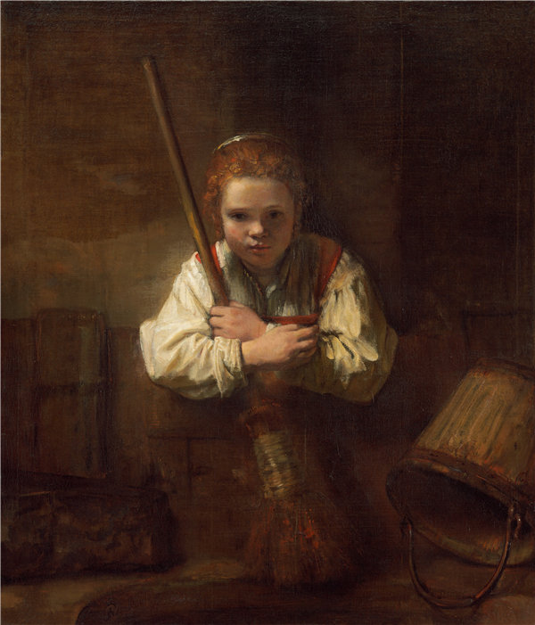 伦勃朗（可能是Carel Fabritius）-一个拿着扫帚的女孩油画