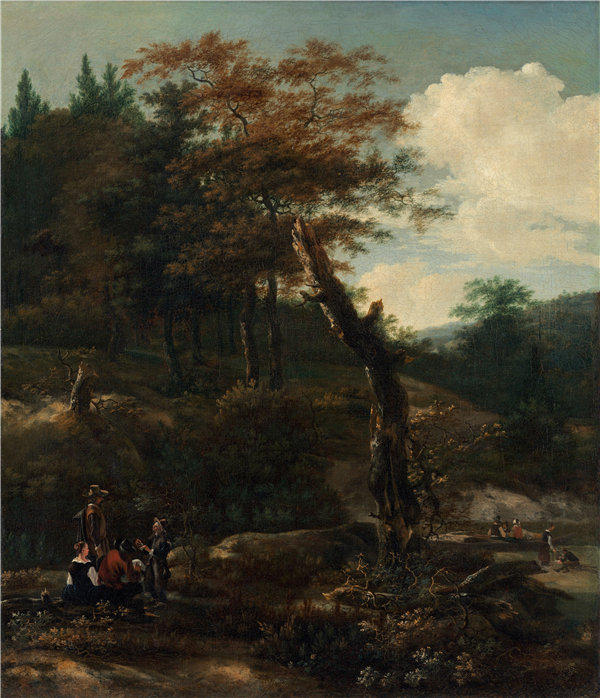 亚当·皮纳克（Adam Pynacker）-树木繁茂的风景与旅行者油画