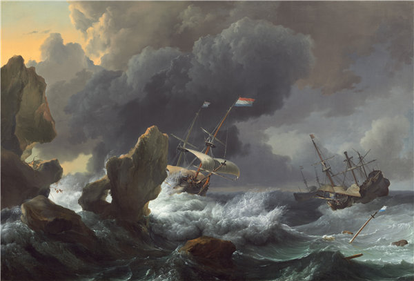 鲁道夫·贝克森（Ludolf Backhuysen）-在多岩石的海岸遇难中航行油画