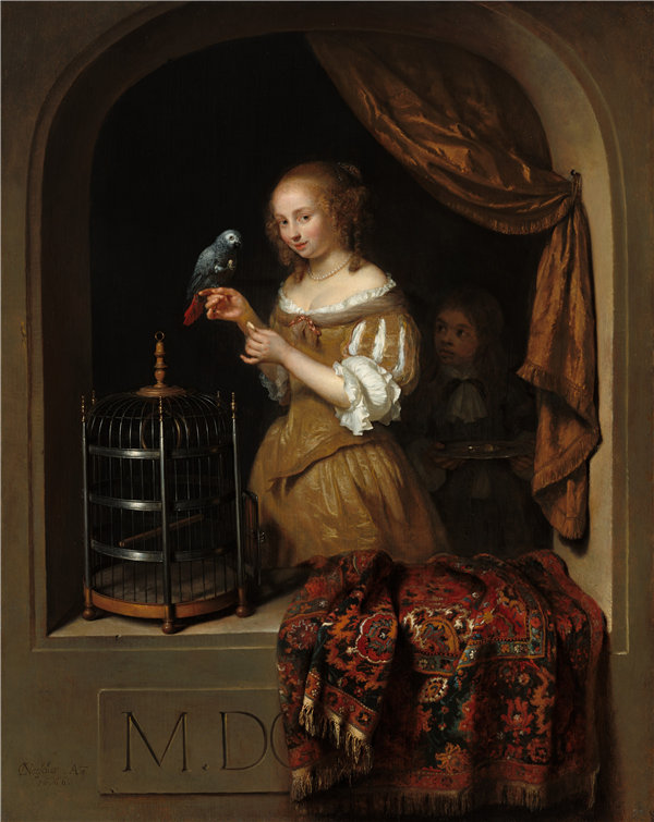 卡斯珀·内舍尔（Caspar Netscher）-一个女人喂养一只鹦鹉油画