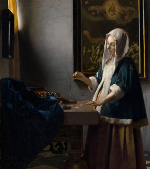 约翰内斯·维米尔（Johannes Vermeer）-持天平的女人油画