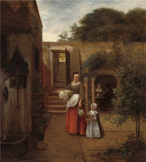 彼得·德·霍赫（Pieter de Hooch）-女人和孩子在院子里油画