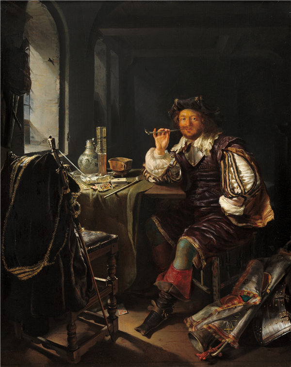 弗朗斯·范·米耶里斯（Frans van Mieris）-抽烟斗的士兵油画