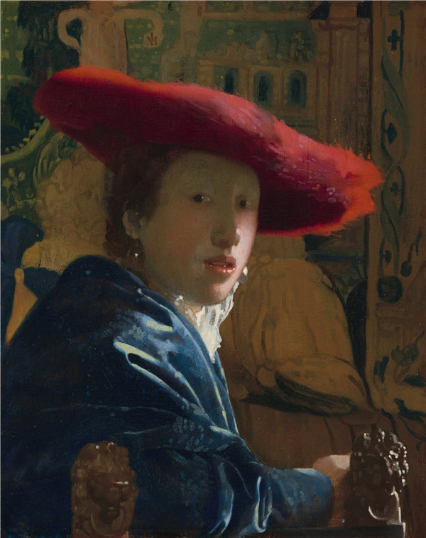 约翰内斯·维米尔（Johannes Vermeer）-红帽子的女孩油画