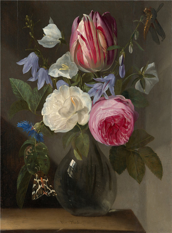 扬·菲利普·范·蒂伦（Jan Philips van Thielen）-玫瑰和玻璃花瓶里的郁金香油画