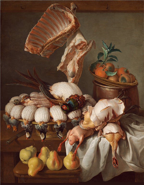亚历山大·弗朗索瓦·德斯波特斯（Alexandre-Francois Desportes）-静物与打扮的游戏，肉和水果油画