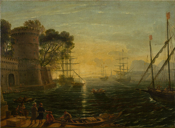 克劳德·洛兰（Claude Lorrain）的追随者-日落港口油画