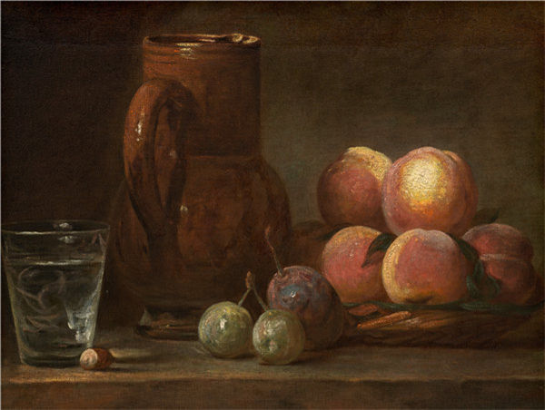 让·西蒙·查丁（Jean Siméon Chardin）-水果，水罐和一杯油画