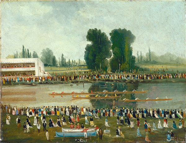 E.利维（E. Levy）-划船现场：从河岸旁观看的人群油画
