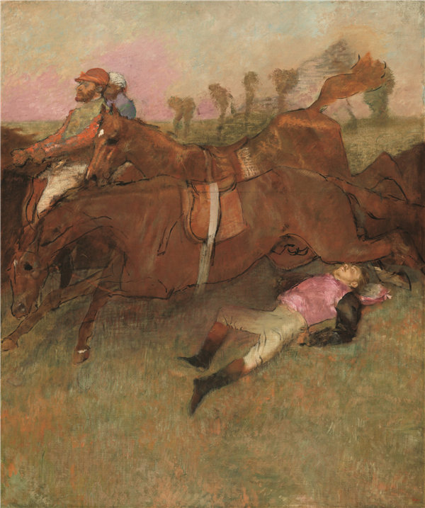 埃德加·德加(Edgar Degas)-跳栏板的场景:堕落的骑师油画