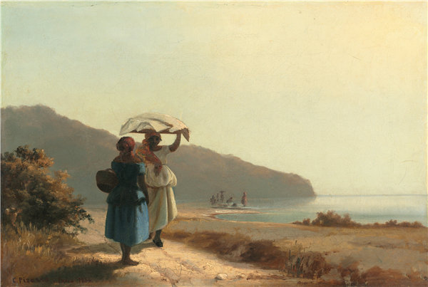 卡米尔·毕沙罗（Camille Pissarro）-两个女人在海边聊天油画