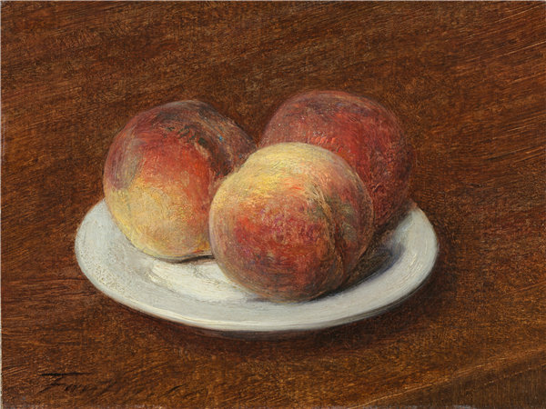 亨利·范汀·拉图尔（Henri Fantin-Latour）-盘子里的三个桃子油画
