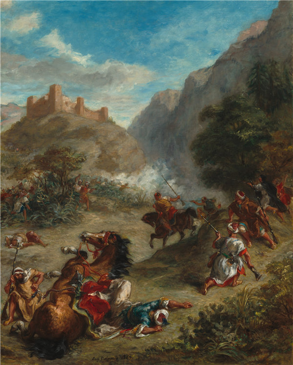 欧仁·德拉克鲁瓦（Eugène Delacroix）-阿拉伯人在山上小冲突油画