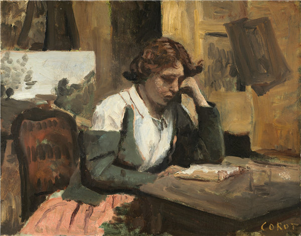 让·巴蒂斯特·卡米尔·柯罗(Jean-Baptiste-Camille Corot)-在工作室里读书的女人油画