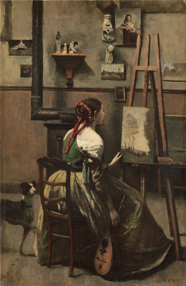让·巴蒂斯特·卡米尔·柯罗(Jean-Baptiste-Camille Corot)-柯罗特的工作室:坐在画架前的女士油画