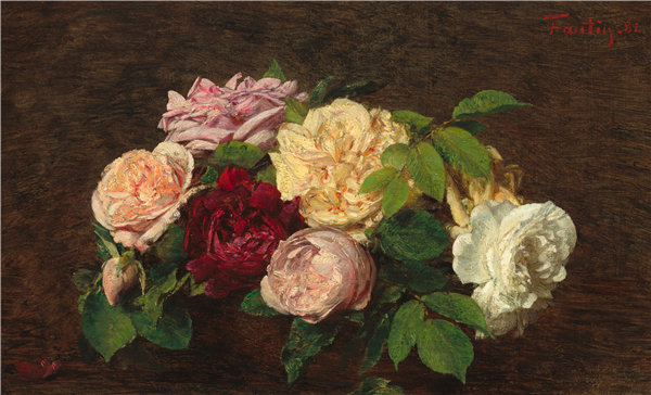 亨利·范汀·拉图尔（Henri Fantin-Latour）-桌上的玫瑰玫瑰油画