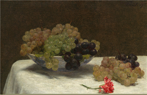 亨利·范汀·拉图尔（Henri Fantin-Latour）-静物与葡萄和康乃馨油画