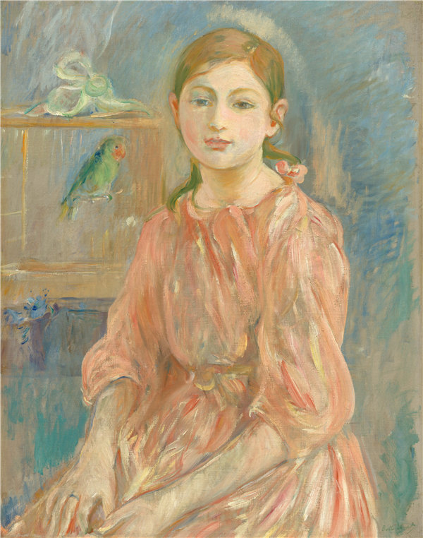 贝特·莫里索（Berthe Morisot）-艺术家的女儿与长尾小鹦鹉油画