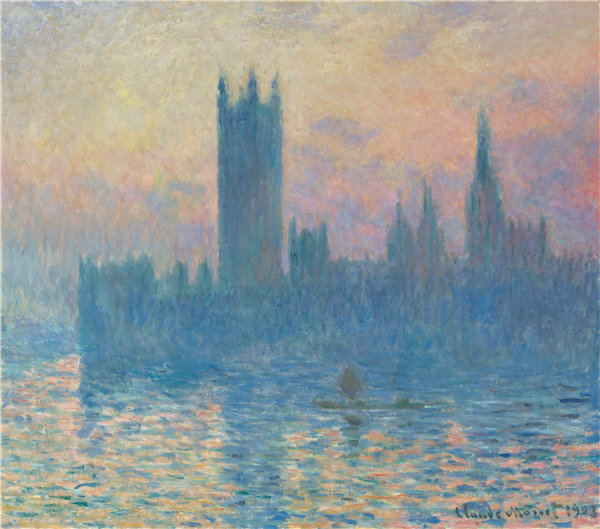 克洛德·莫奈（Claude Monet）-国会大厦，日落油画