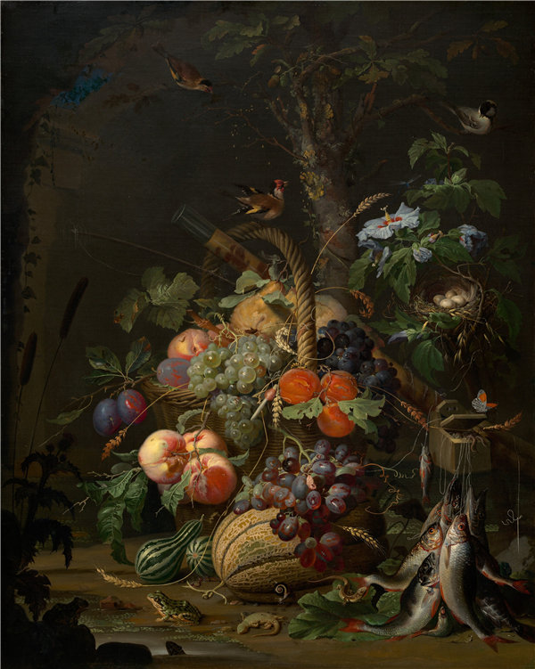 亚伯拉罕·米尼翁（Abraham Mignon）-静物水果，鱼和巢油画