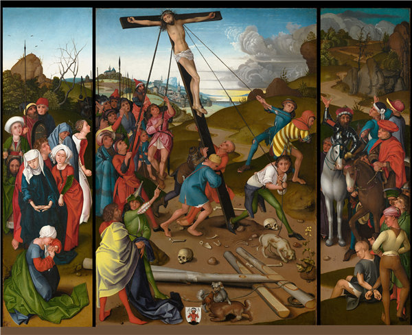 斯塔克三联画大师-十字架的抬起[中，左，右面板]油画