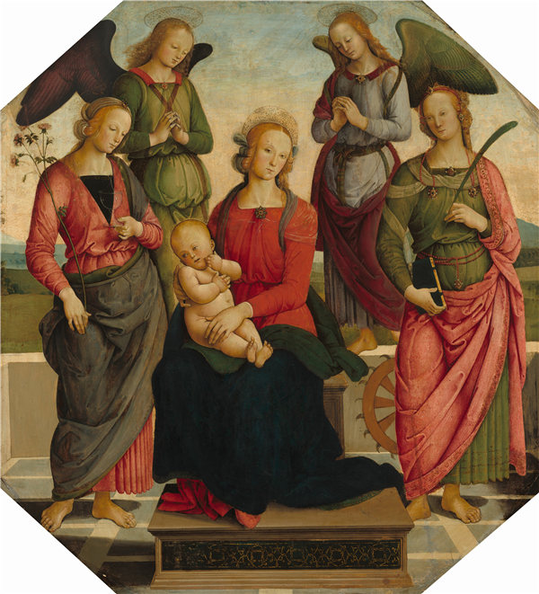 佩鲁吉诺(Pietro Perugino)学校-麦当娜和两个天使的孩子,圣罗斯和亚历山大的圣凯瑟琳作品